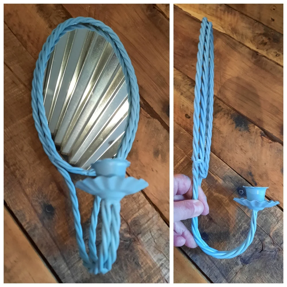 Upcycled braided metal vtg mirror candle holder light blue